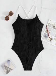 SHEIN Swim Springbreak 女士纯色纹理面料绳索镂空系带连体泳衣，夏季海滩节波西米亚风 - 黑與白 - 查看 6