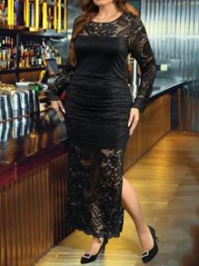 SHEIN Clasi Plus Size Women Black Lace Round Neck Long Sleeve Side Slit Hem Bodycon Elegant Dress - Black - View 7