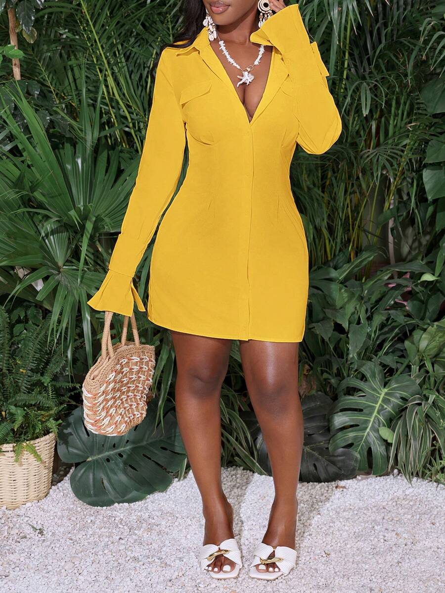 Slaydiva Casual Elegant Commuter Sexy Long Sleeve Adjustable Cuff Pocket Solid White Mini Shirt Dress For Women - Z - Yellow - View 1