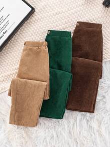 SHEIN Conjunto de 3 piezas de ropa casual para niños pequeños, incluye pantalones de pana de color azul marino, negro y caqui, con botones y bolsillos, cómodo para exteriores, la escuela y fiestas, apropiado para primavera y verano