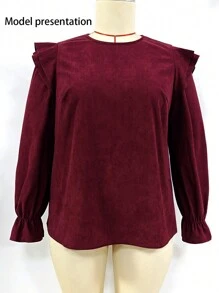 SHEIN LUNE Women Plus Size Solid Color Round Neck Decorative Double Layer Flutter Sleeve Long Sleeve Blouse - Burgundy - View 3