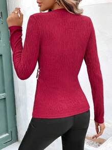 SHEIN LUNE Women's V-Neck Long Sleeve T-Shirt, Front Placket With Japanese Character Buckle Decor, Textured Fabric, Versatile Daily Wear, Autumn/Winter Fall Cloth For Women - Burgundy - View 2