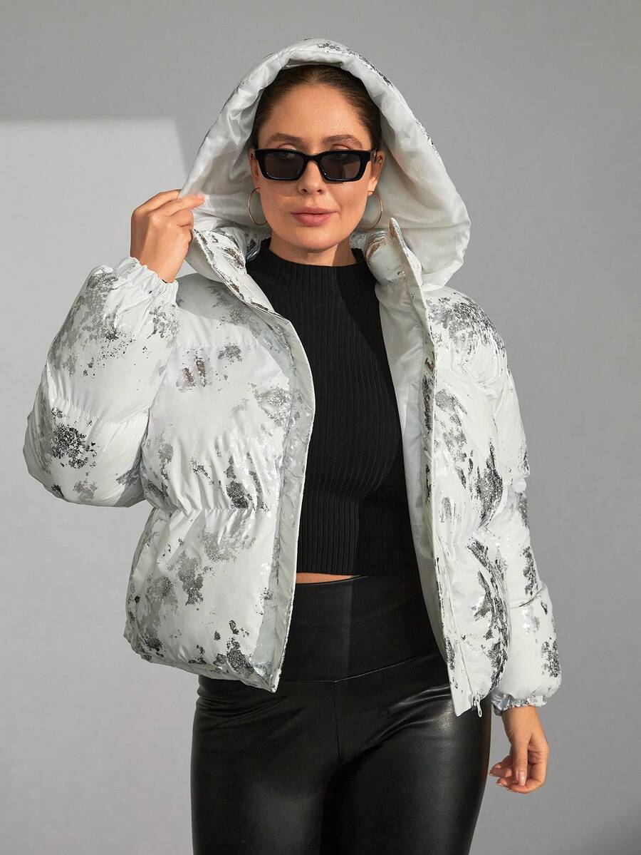EURMUSE Plus Women's Short Jacket With Hood And Padding, Adjustable Waist, Snap Buttons, Silver Colour Print - White - View 1