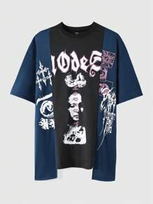 ROMWE MEN Goth 男士深色哥特式拼布 T 恤，休闲日常穿着，春夏季，万圣节 - 彩色 - 查看 1