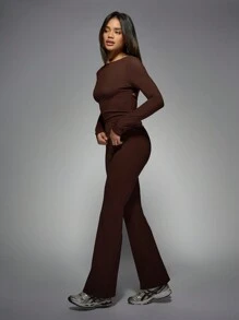 MISSGUIDED Folded Over Ruched Waistband Flare Hem Leggings - Brown - View 4