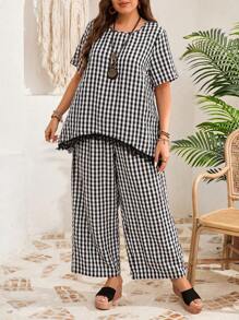 EMERY ROSE 2pcs Plus Size Plaid Short Sleeve Top And Pants Set, Casual And Fashionable For Daily Wear,Vacation Outfits Woman,Vacation Outfits Woman,Summer Clothes