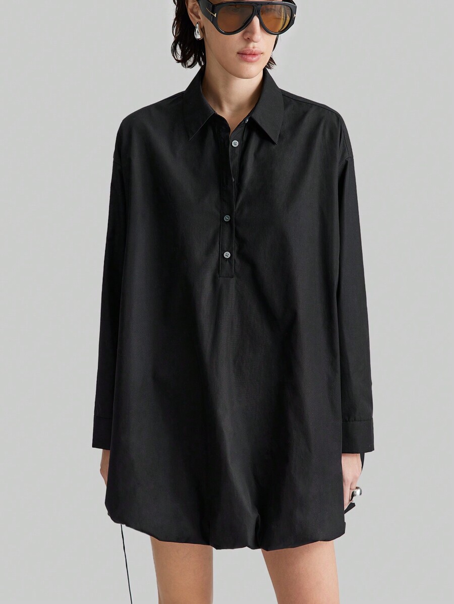 Ontre Women's 2025 New Spring Black Ruffle Hem Mini Dress With Collar