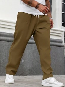 Manfinity Homme Plus Size Men's Solid Color Drawstring Waist Pocket Casual Loose Pants - Brown - View 5