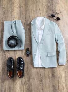 SHEIN 2pcs Set For Tween Boy Gentleman Textured Lapel Collar Long Sleeve Jacket + Trousers Pants, Elegant Formal Outfit For Valentine's Day, Birthday Party, Evening Party, Wedding, Christening, Birthday - Baby Blue - View 1