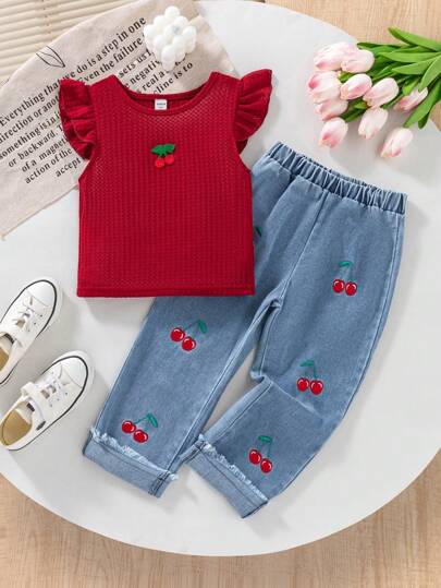 SHEIN Vintaside Kids 两件套少女情人节休闲华夫格荷叶袖T恤和樱桃刺绣牛仔裤套装