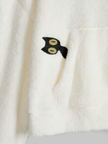 ROMWE Kawaii Women's Long Sleeve Pocket Simple Cat Embroidery Casual Hoodie Sweatshirt - Beige - View 2