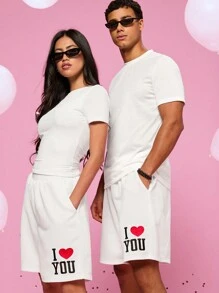 Manfinity VCAY Unisex Casual Knit Shorts With "I Love You" Letter And Heart Embroidery, Elastic Waist Straight Leg - White - View 6