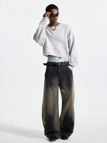 NEON BLANC Men's Fashion Street Style Short Crew Neck Embroidered Sweater - Grey - View 1