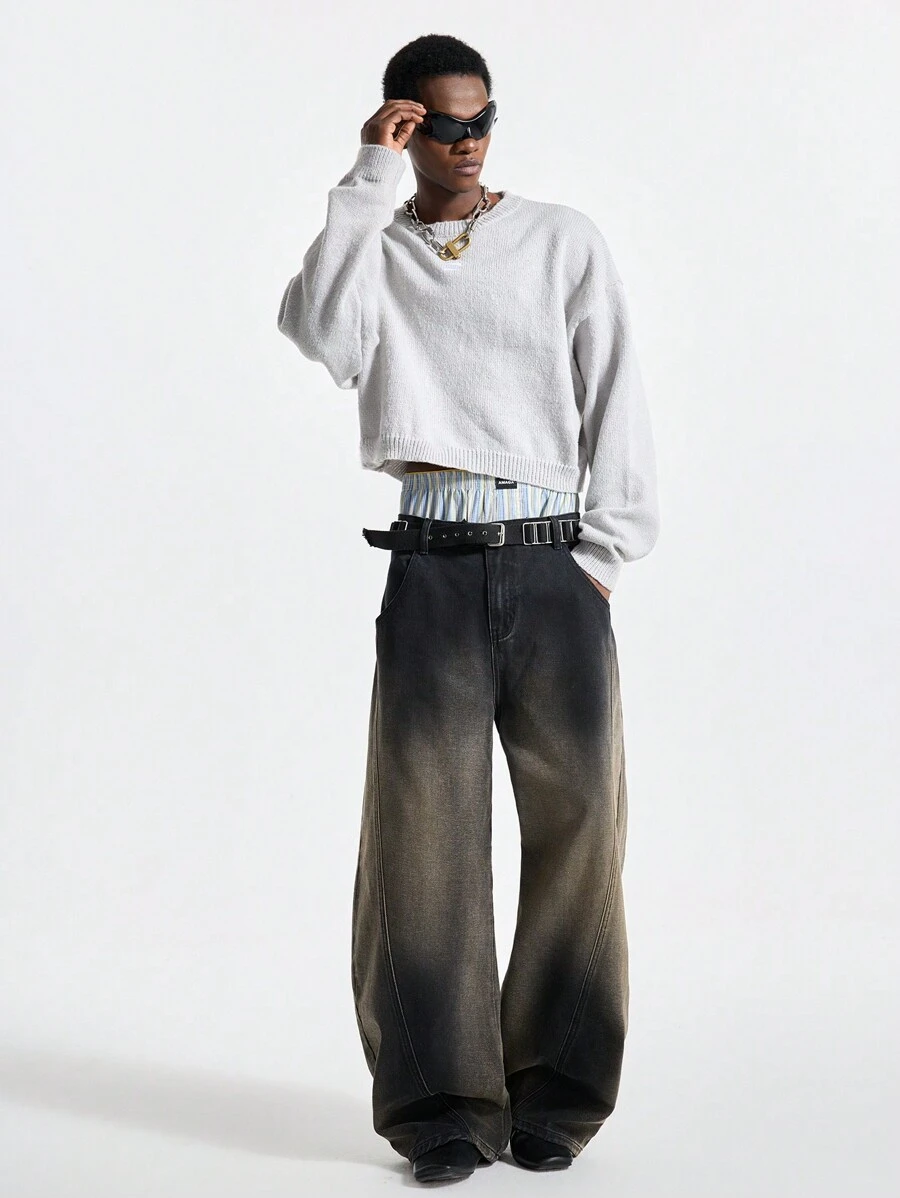 NEON BLANC Men's Fashion Street Style Short Crew Neck Embroidered Sweater - Grey - View 1