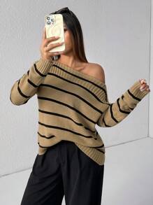 SHEIN PETITE 女士不对称领口长袖条纹毛衣