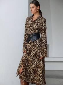 SHEIN Privé Vestido camisa largo de mujer elegante y vintage de gasa con estampado de leopardo, cinturón, diseño sensual semitransparente que realza la cintura, vestido primaveral para el Día de San Valentín