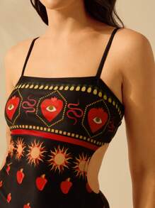 CAJUNI Women's Boho Print Vacation Casual Beach Swimming Black Strap One-Piece Swimsuit