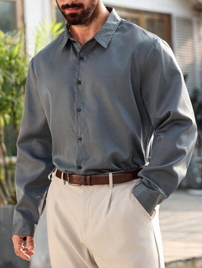 Manfinity Homme 大码纯色前扣长袖衬衫领上衣，休闲日常穿着