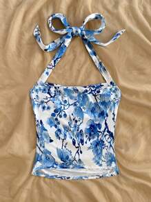 Soleia 女士节日蓝白花卉图案吊带蝴蝶结，褶皱腰修身吊带背心，时尚适合春夏季、派对、约会、情人节、狂欢节、复活节 - 藍白色 - 查看 2