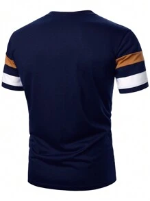 Manfinity Homme Men's Color Block Round Neck Short Sleeve Casual T-Shirt - Navy Blue - View 3