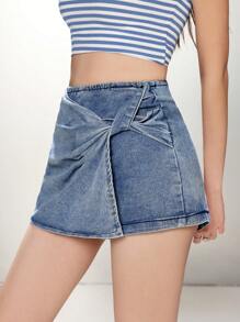 SHEIN EZwear Spring Break Asymmetric Side Twist Front Denim Skort - Medium Wash - View 5