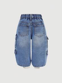 SHEIN Baby Boys Stylish Stonewashed Loose Fit Baggy Blue Denim Pants With Cargo Pocket,For Baby Streetwear Outfits And Indoor/Outdoor Spring/Summer Clothes