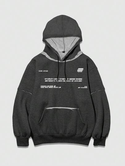 Street Life Men's Slogan Print Long Sleeve Drawstring Hoodie, Casual Everyday Wear, Autumn/Winter