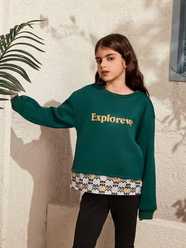 SHEIN Set de 2 piezas compuesto por sudadera de cuello redondo estriada informal y pantalones largos y entallados para niñas, ideal para uso urbano al aire libre, deportes, hogar, escuela y otras ocasiones casuales