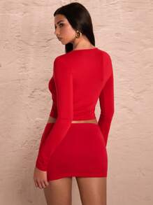 SHEIN BAE Vrouwen Rode Bodyconjurk met lange mouwen en strikdecoratie, elegant voor Valentijnsdag, date, feest, woon-werkverkeer en casual dagelijkse kleding