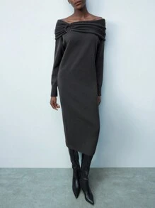 Maija 炭灰色露肩褶皱宽松舒适女士针织毛衣裙，适合节日和派对