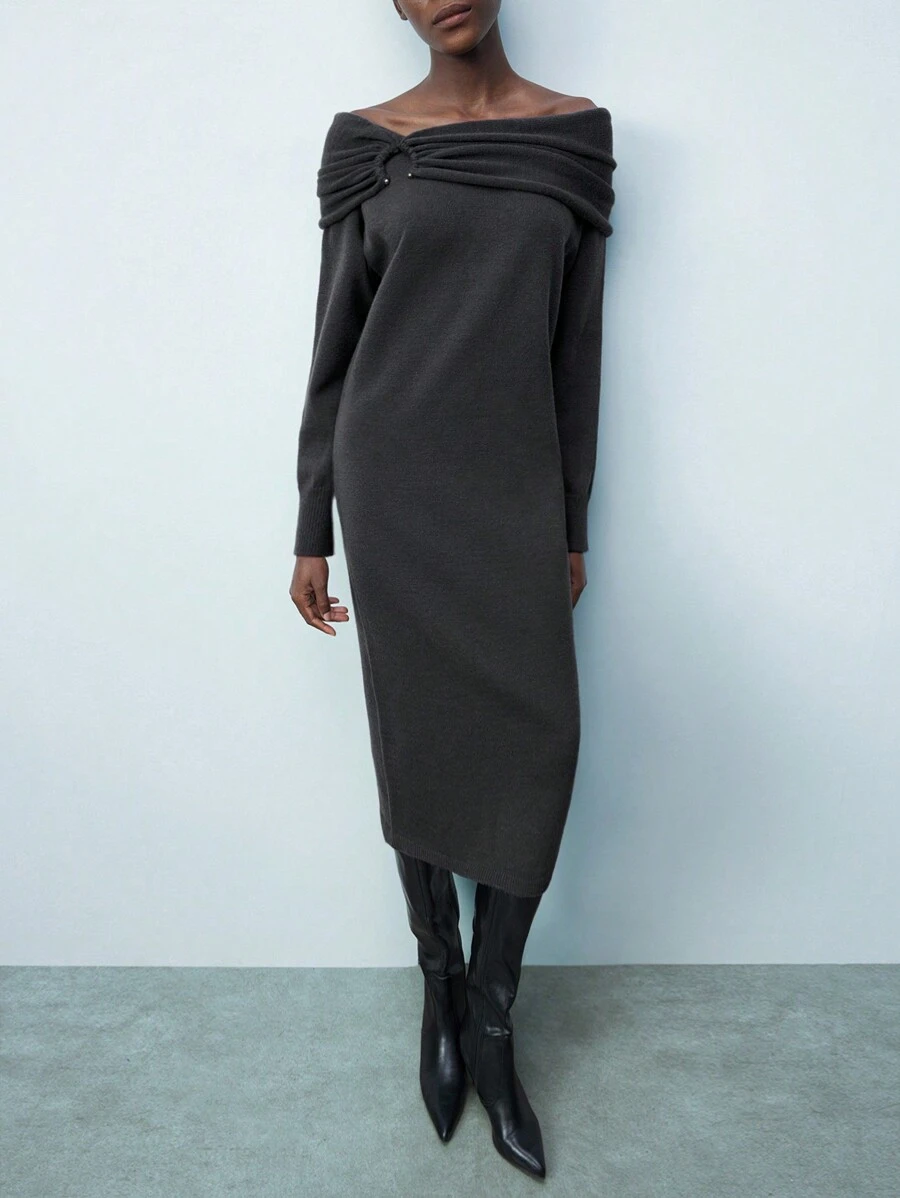 Maija 炭灰色露肩褶皱宽松舒适女士针织毛衣裙，适合节日和派对