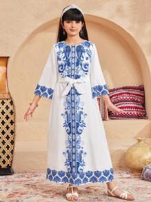SHEIN Vestido informal de manga 3/4 y largo medio con diseño suelto para niñas preadolescentes - Blanco - Ver 4