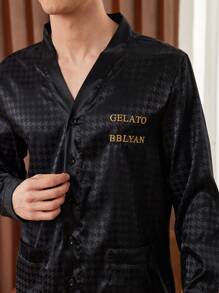 Manfinity Underwear&Sleepwear Basics 2pcs/Set Men's Front Button Long Sleeve Casual Top And Long Pants Pajama Set - Black - View 4