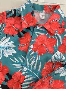 2 Pezzi/Set Completo di Camicia Floreale a Maniche Corte con Bottoni Davanti e Pantaloncini Semplici per Ragazzi Giovani