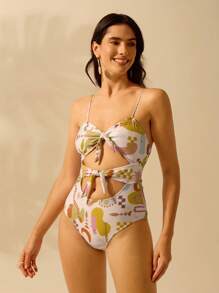 CAJUNI Maillot de bain une pièce pour femmes, style bohème imprimé, pour les vacances, tenue d'été décontractée, plage, avec liens et découpages