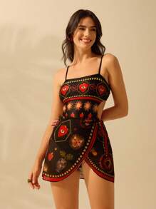 CAJUNI Women's Boho Print Vacation Casual Beach Swimming Black Strap One-Piece Swimsuit