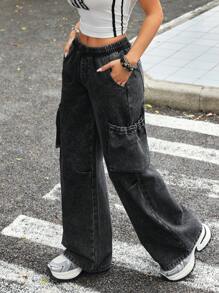 SHEIN PETITE Quần jeans ống rộng cạp thấp dáng rộng cho nữ, màu xám đậm - Màu xám đen - Xem 7