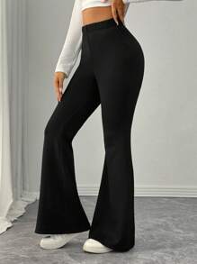 SHEIN PETITE 女式纯色高腰休闲保暖内衬喇叭裤 - 黑色 - 查看 3