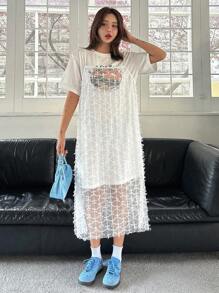 DAZY 2 件女装套装：印花中长款宽松圆领 T 恤 + 蕾丝细肩带连衣裙 - 米色 - 查看 7