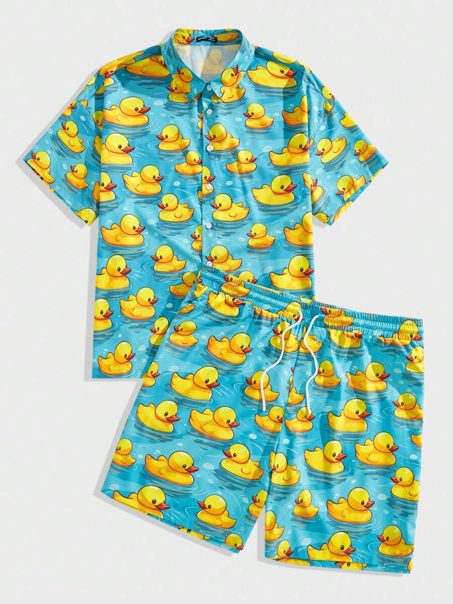 EASEVO Plus Size Men Casual Woven Short Sleeve Shirt & Shorts Set - Blue - View 1