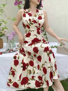 DAZY V-Neck Rose Print Sleeveless Belted Mid-Calf Length Dress For Women, Valentine's Day Floral Sundress