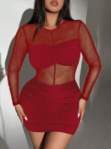 Viva Relle Plus Size Solid Color Round Neck Long Sleeve Simple Casual Sexy Mesh Semi-Sheer Dress