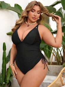 Swim Lushoire 夏季加大码 1 件装黑色纯色可调节 V 领侧抽绳紧身连体休闲简约泳衣