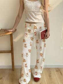 SHEIN EZwear 女士熊与心形图案纹理宽松舒适休闲长裤，适合秋冬季 - 白色 - 查看 3