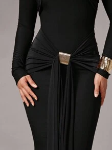 Silquee Women's Elegant Overlapping Long Sleeve Dress,Metal Buckle Decor Front Slit,Elastic Knit,Autumn/Winter Layering For Dining,Cocktail Party,Black - Black - View 7