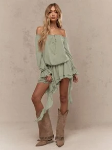 MISSGUIDED Bohemian Off Shoulder Ruffle Dress Beach Resort Bardot Maxi High Low Hem Sage Summer Vacation Evening Party Dress Christmas - Green - View 4
