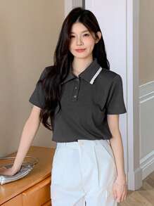 DAZY Contrast Ruffle Collar Women's Short Sleeve Casual T-Shirt - Dark Grey - View 7