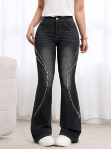 SHEIN LUNE Women's Pocketed Frayed Hem Casual Versatile Flared Jeans - Black - View 3