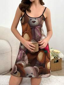 RueChic Vestito da casa/da relax in viscosa con stampa colorata di orsi, con bordo a lattuga e dettagli di bordatura a contrasto per le donne