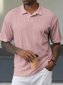Manfinity Homme Men's Casual Vacation Style, Featuring An INS-Inspired Geometric Diamond-Textured Jacquard Knit Short-Sleeve Khaki Polo Shirt With A V-Neck Design. Perfect For Music Festivals, Hawaii Beach Getaways, And Everyday Outfits, Making It A Stylish Gift For Your Boyfriend Or Husband. It Embodies A French-Inspired Elegance And Romance. Men's Knitted Textured Jacquard Polo Shirt, Minimalist & Fashionable, Suitable For Summer , Polo Shirt For Men , Polos For Men - Pink - View 3